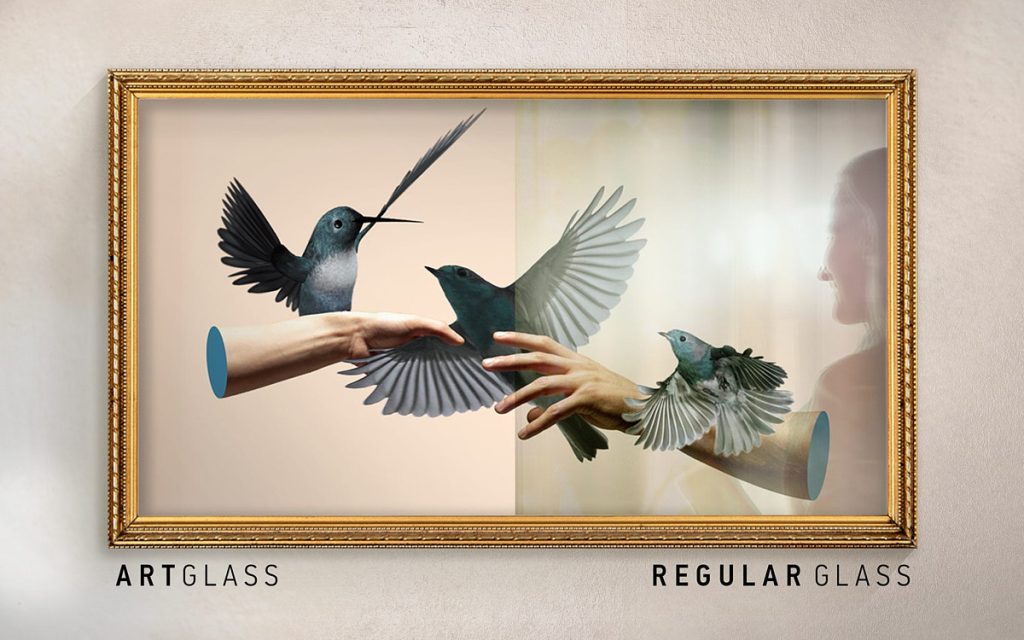 Image demonstrates the difference in quality between Picture Framing Glass made by ARTGLASS vs Regular glass