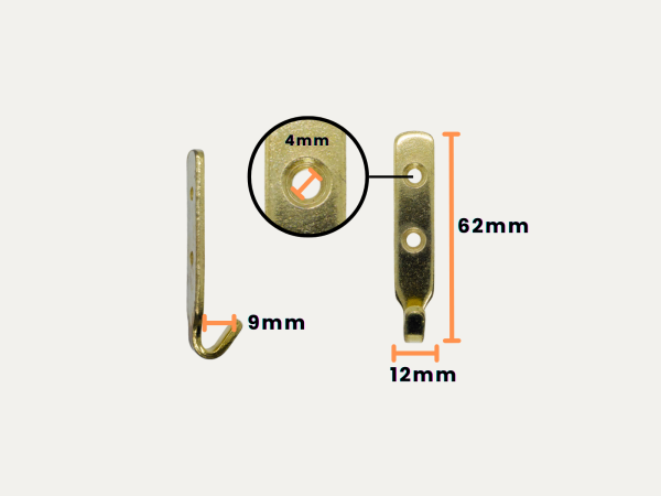 Plate hook 62mm sizes bg Plate Hook - 62 mm - Brass Plated - 10 Pack