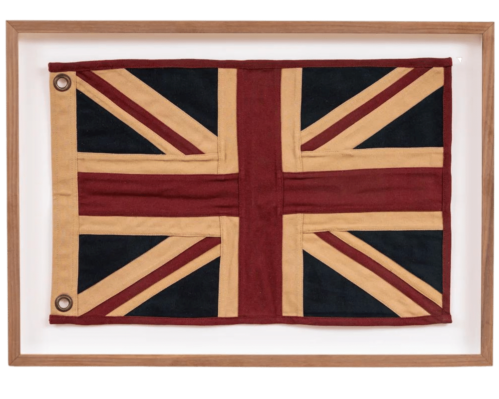 A framed textile flag