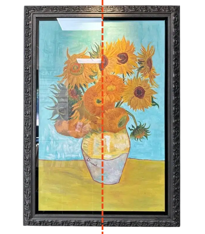 Van Gogh's sunflowers framed with regular glass and art glass with a red line separating the two types of glass